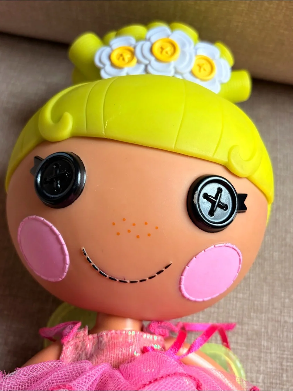 Lalaloopsy Bright Yellow-Head Pink Dress Plush Doll with Striped Teal Legs